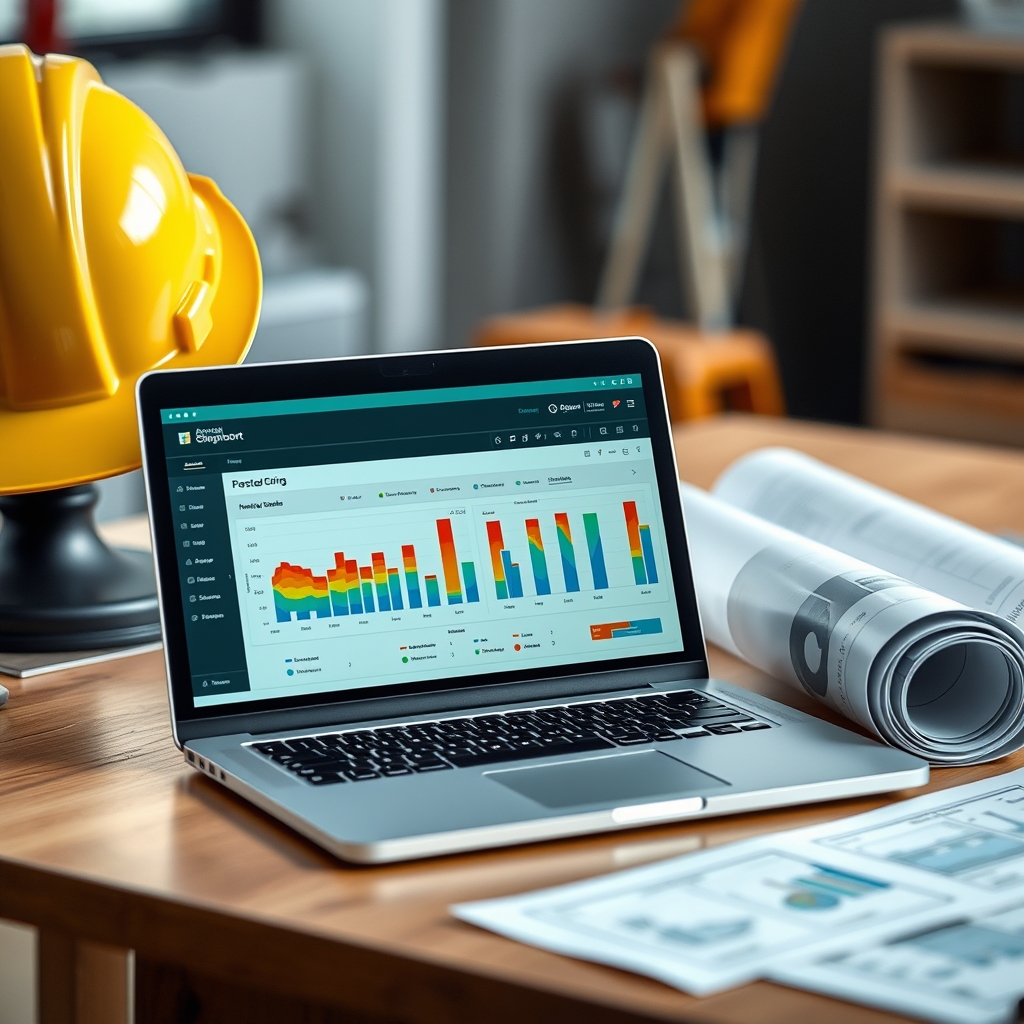 Laptop on a construction site office desk showing a live budget and schedule dashboard, next to a hard hat and rolled blueprints